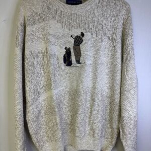 Vintage Golf Sweater L Pinnacle Knit Embroidered Golfer 90’s Dad Beige USA